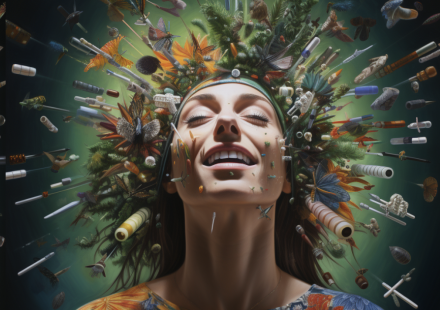 A smiling woman with elements of opiate addiction flying away from her head, as if freeing her mind