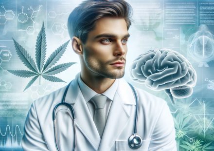 Physician in white coat contemplating the complex relationship between cannabis and mental health, surrounded by symbols of science and wellness.