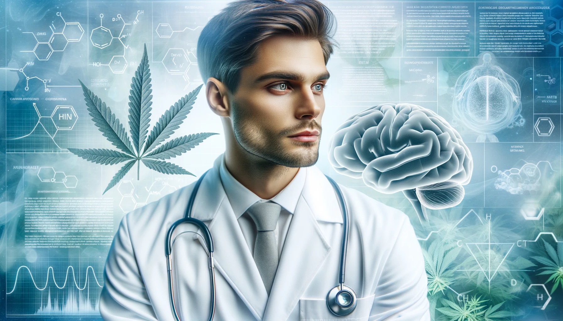 Physician in white coat contemplating the complex relationship between cannabis and mental health, surrounded by symbols of science and wellness.