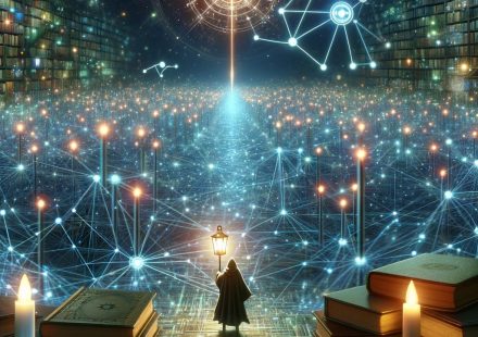 A figure navigates a digital landscape filled with glowing data streams and nodes, holding a lantern that illuminates the path lined with books, scrolls, and digital tablets, under a constellation shaped like the Rod of Asclepius, demonstrating digital health expertise