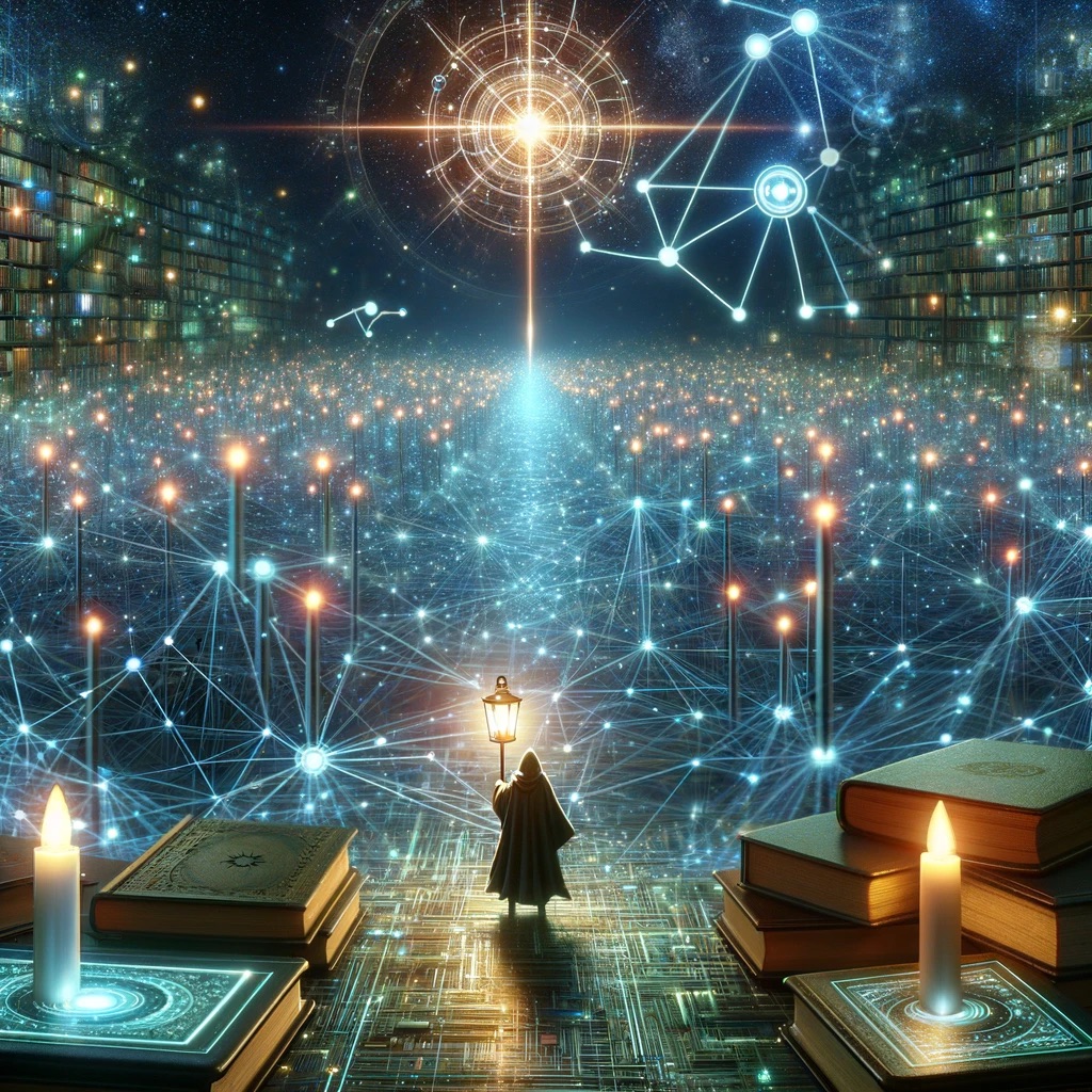 A figure navigates a digital landscape filled with glowing data streams and nodes, holding a lantern that illuminates the path lined with books, scrolls, and digital tablets, under a constellation shaped like the Rod of Asclepius, demonstrating digital health expertise