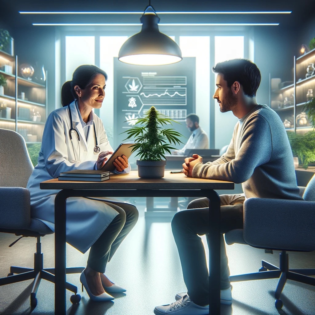 A modern medical office scene with a physician in a white coat discussing cannabis medicine with a patient. The physician is using a tablet to show graphs and information about different cannabis strains. A small, green cannabis plant sits on the desk, symbolizing the focus of their discussion. Shelves with medical books and a certificate indicating specialization in cannabis medicine are visible in the background.