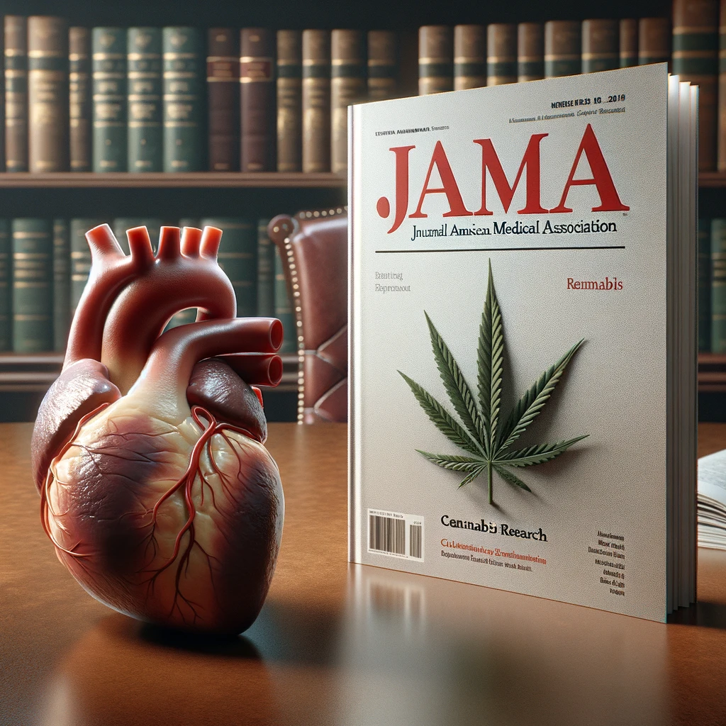 A realistic human heart and a JAMA magazine on cannabis research, placed on a study desk.