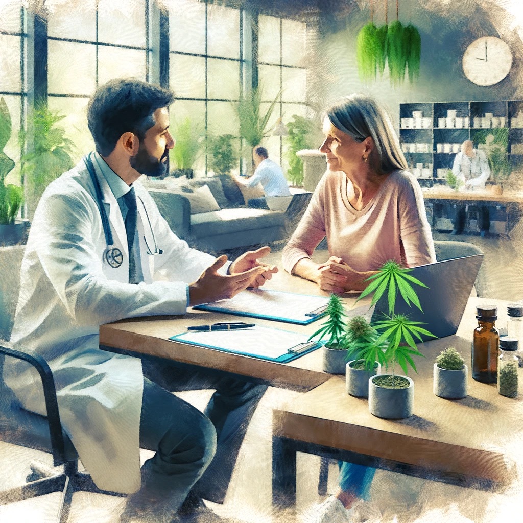 Impressionistic painting of a medical cannabis consultation showing a male doctor and a middle-aged female patient discussing over a desk in a clinic