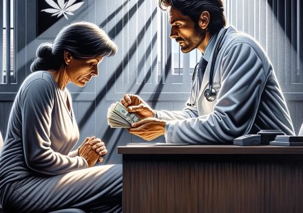 Realistic depiction of a male doctor and a middle-aged female patient subtly exchanging money under the table during a medical cannabis consultation, symbolizing unethical practices in the industry