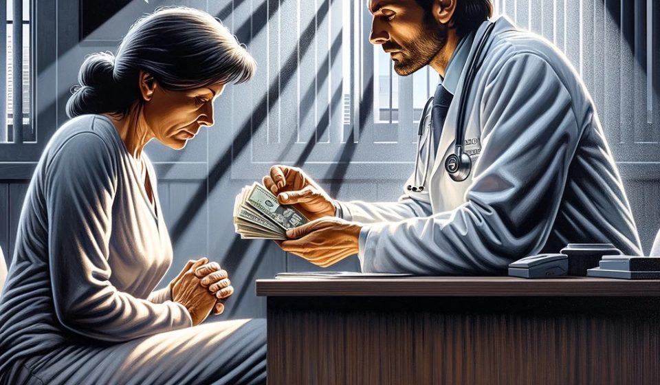 Realistic depiction of a male doctor and a middle-aged female patient subtly exchanging money under the table during a medical cannabis consultation, symbolizing unethical practices in the industry
