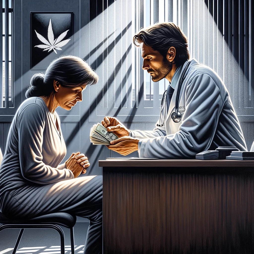 Realistic depiction of a male doctor and a middle-aged female patient subtly exchanging money under the table during a medical cannabis consultation, symbolizing unethical practices in the industry