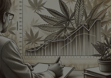 Engraving-style illustration of a graph depicting cannabis oil reducing chronic pain intensity in a study, with subtle cannabis leaf patterns in the background