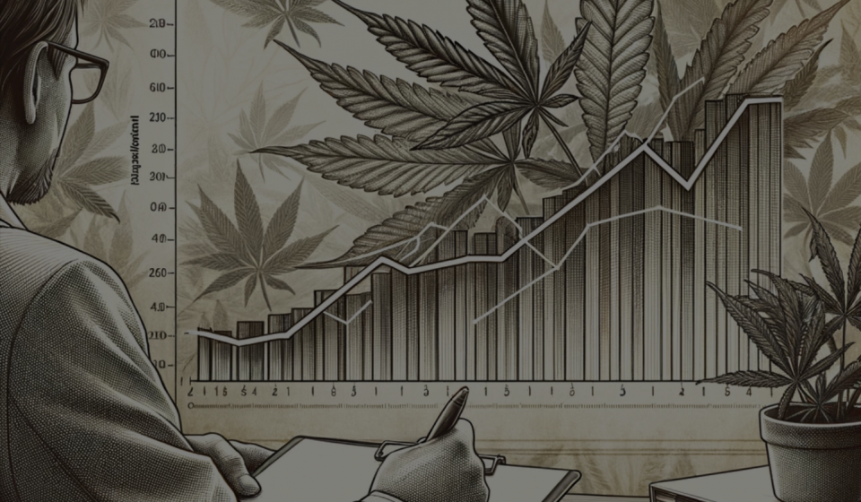 Engraving-style illustration of a graph depicting cannabis oil reducing chronic pain intensity in a study, with subtle cannabis leaf patterns in the background
