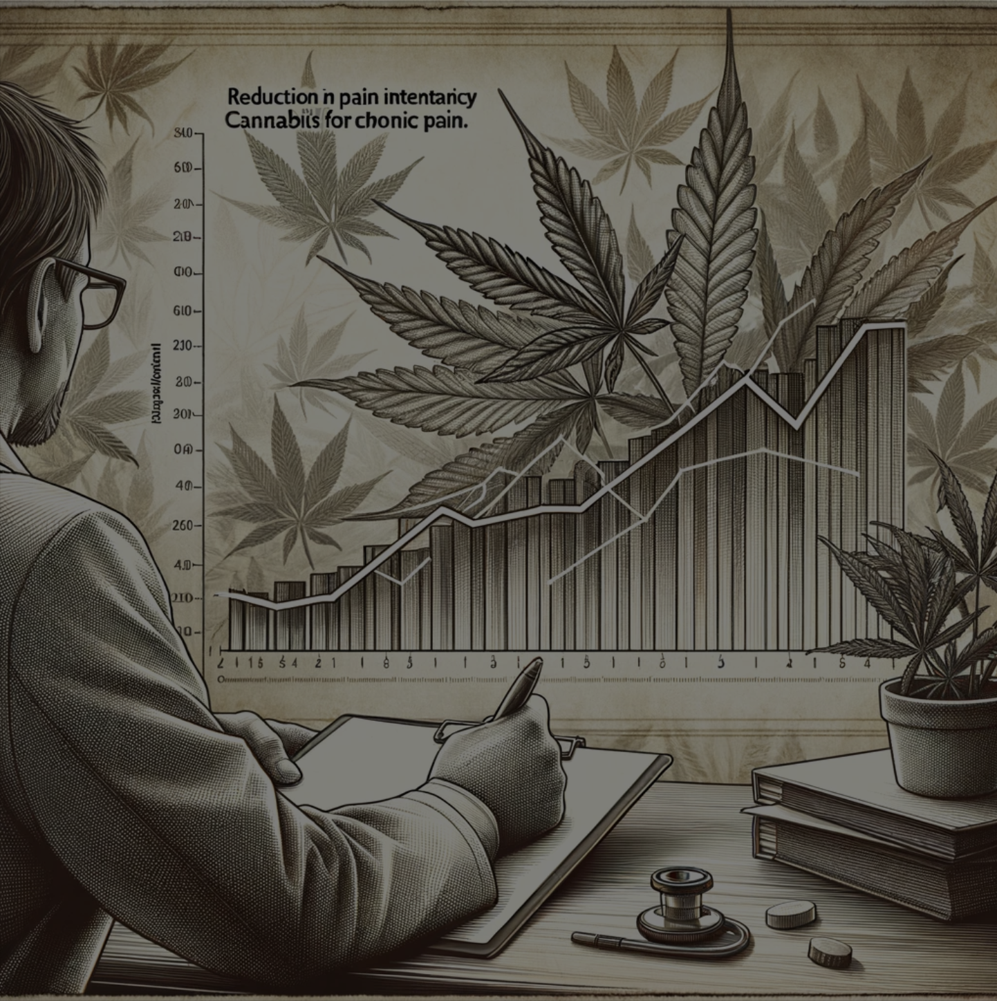Engraving-style illustration of a graph depicting cannabis oil reducing chronic pain intensity in a study, with subtle cannabis leaf patterns in the background