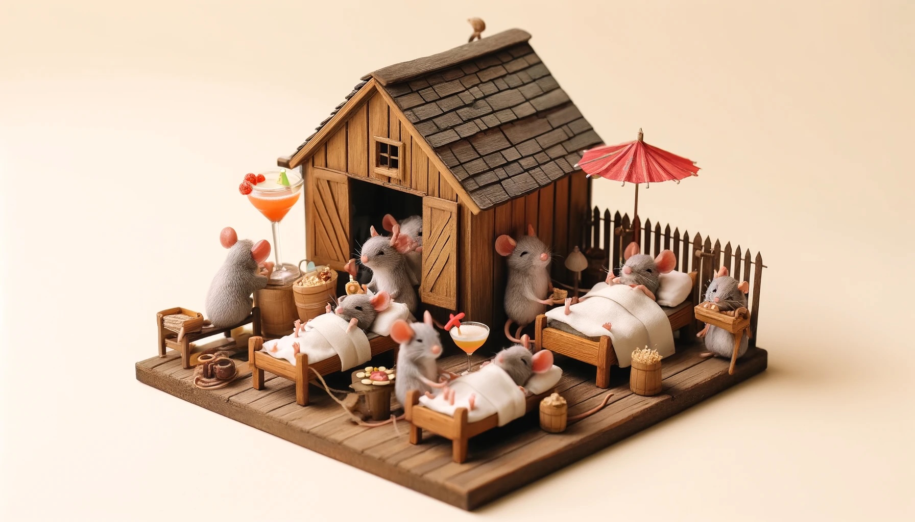 Whimsical illustration of a miniature barn filled with mice resting peacefully on tiny beds. Some mice are sipping margaritas with mini umbrellas, while others are receiving little mouse massages from fellow mice, creating a cozy, spa-like atmosphere with terpenes in cannabis medicine