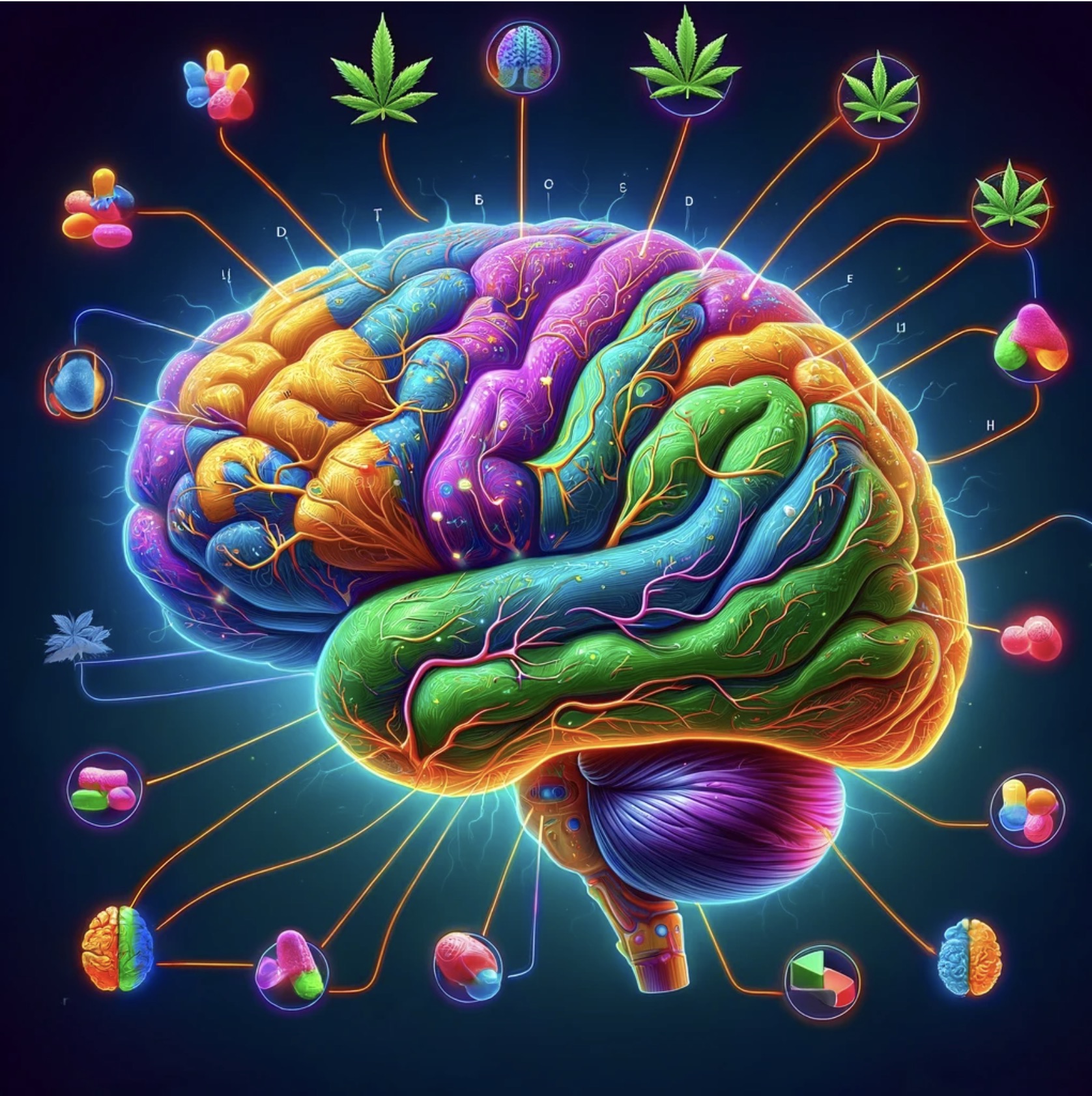 Illustration of cannabis compounds interacting with brain pathways and receptors