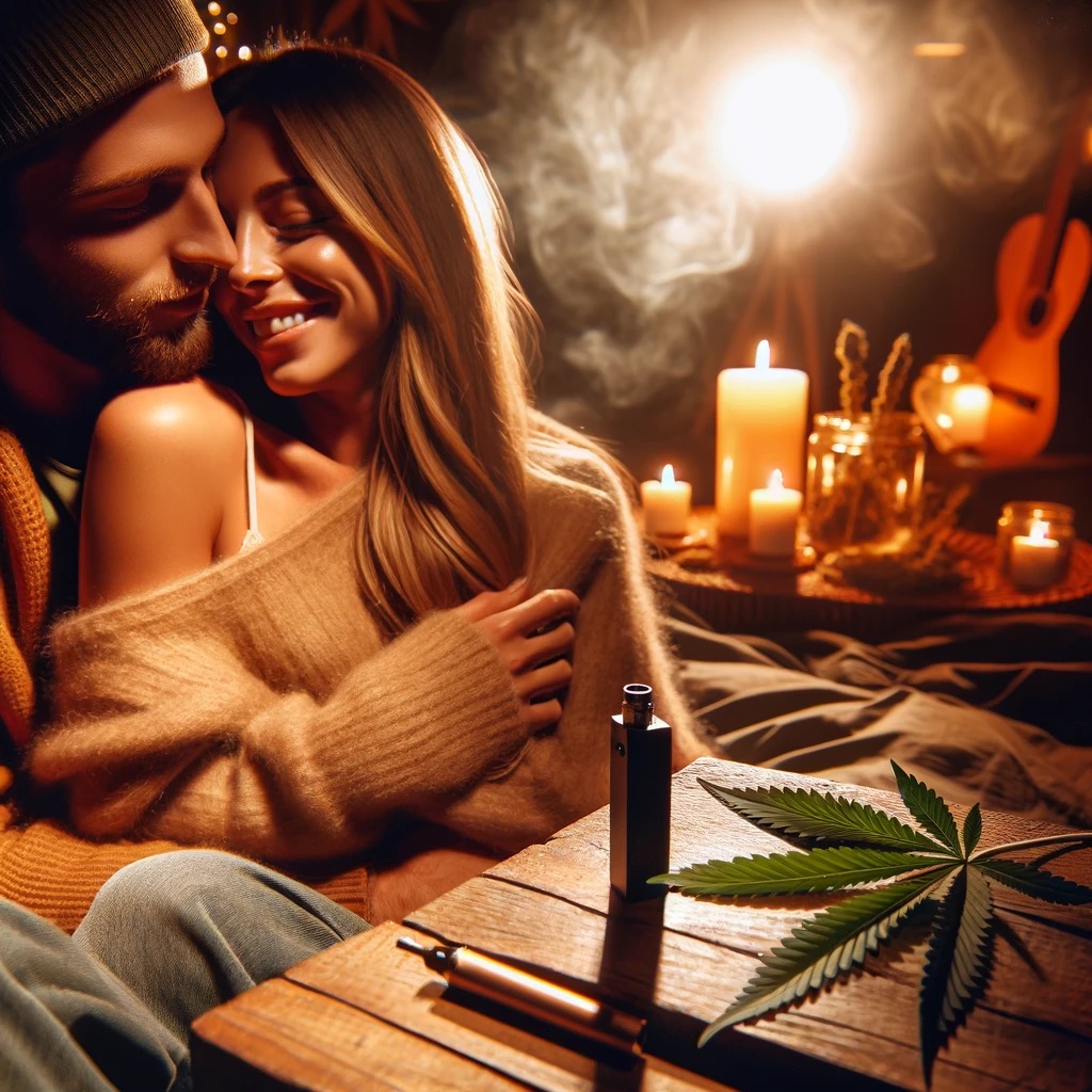 Romantic couple enjoying an intimate moment with subtle cannabis use, considering cannabis and sexuality