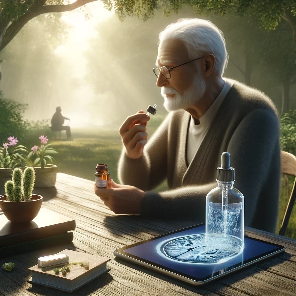 A hyperrealistic digital painting of an elderly person sitting at a serene garden table, deeply contemplating a small dropper bottle of CBD oil. The setting is outdoors with a backdrop of a calm natural environment, light filtering through trees. The table displays the bottle and a young cannabis plant with small leaves and a single flower, not exceeding the pot's height, mostly green with hints of purple and yellow
