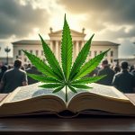 An open book with cannabis leaves growing from it, on a courtroom bench, surrounded by figures of protestors, police, and lawmakers.