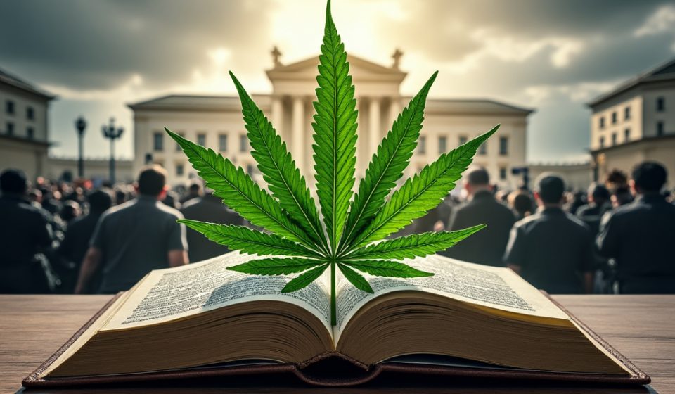 An open book with cannabis leaves growing from it, on a courtroom bench, surrounded by figures of protestors, police, and lawmakers.