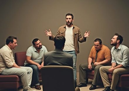 A group of five people sitting in a circle, fast asleep with eyes closed and heads tilted, while one person stands in the center, excitedly gesturing and speaking.
