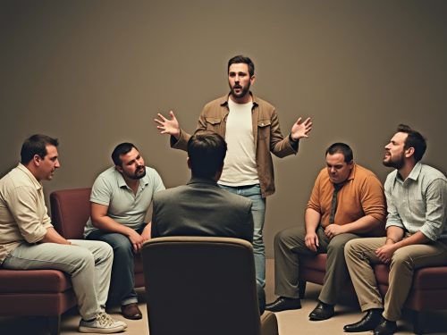 A group of five people sitting in a circle, fast asleep with eyes closed and heads tilted, while one person stands in the center, excitedly gesturing and speaking.