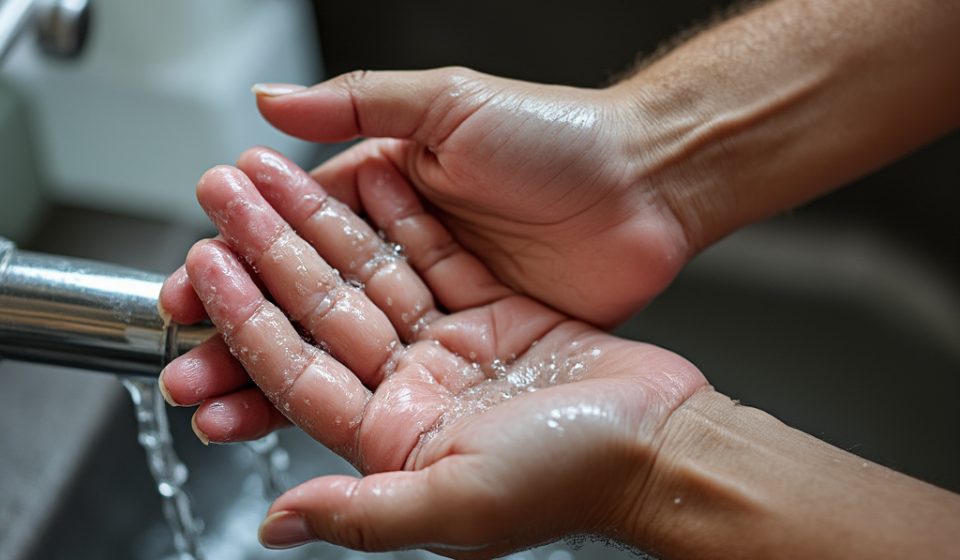Person washing hands thoroughly under running water