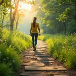 A person balancing on a narrow path in a peaceful natural setting, symbolizing balance in life.