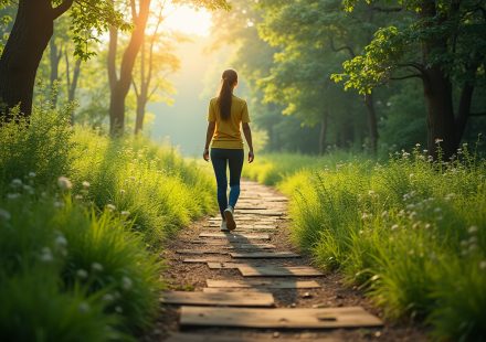 A person balancing on a narrow path in a peaceful natural setting, symbolizing balance in life.