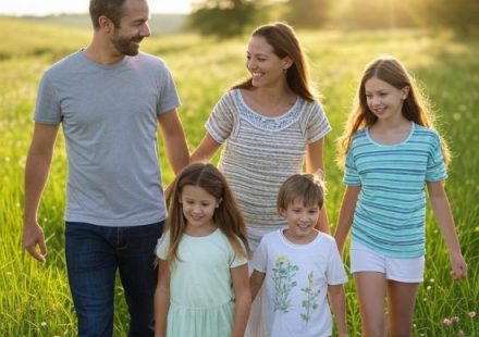 Family walking in a green field