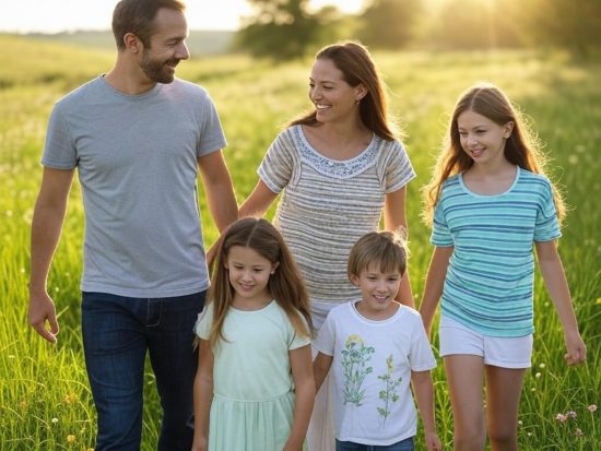 Family walking in a green field