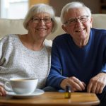 Elderly couple sitting on a cozy couch, smiling and relaxed, with a bottle of CBD oil and a cup of herbal tea on the table
