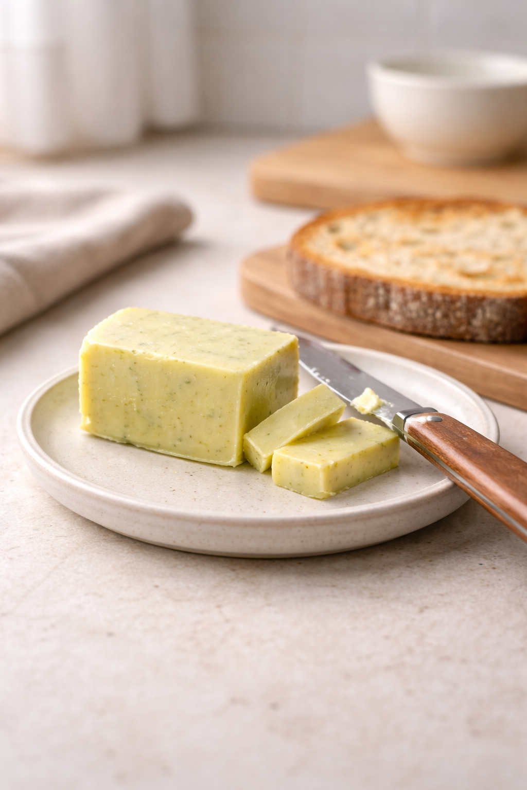 Cannabis-infused butter on a dish with toast and a butter knife nearby