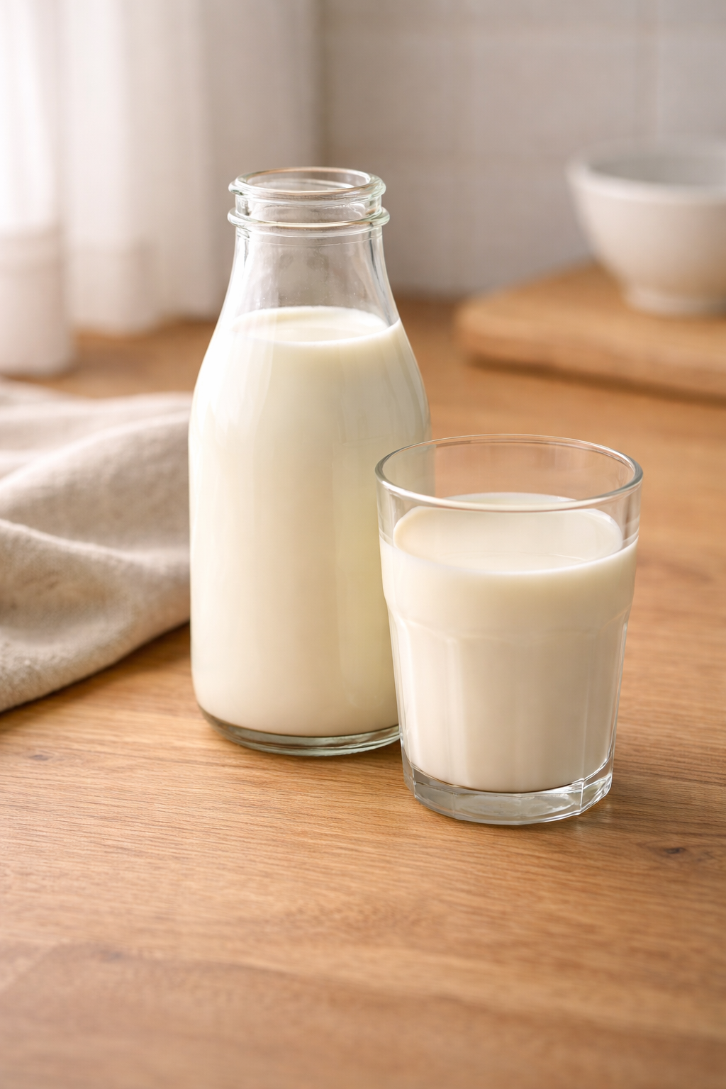 Bottle and glass of cannabis-infused milk on a kitchen surface