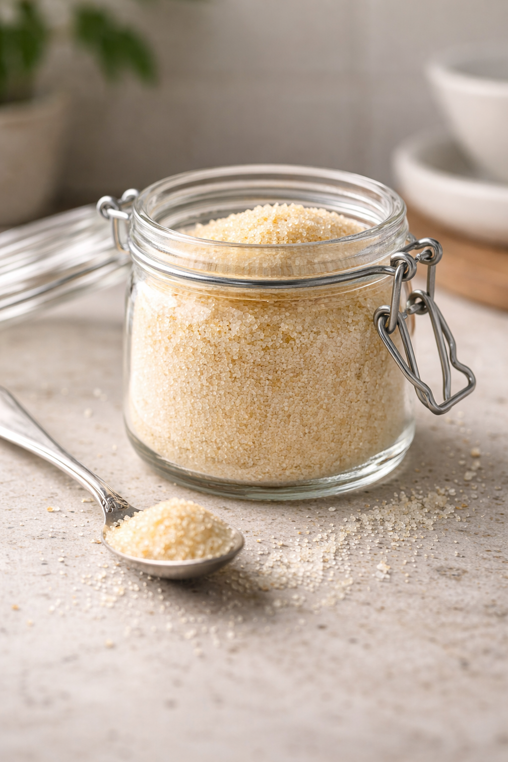 Jar of cannabis-infused sugar with a spoonful of sugar crystals nearby