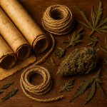 Ancient scrolls and hemp ropes beside dried cannabis leaves