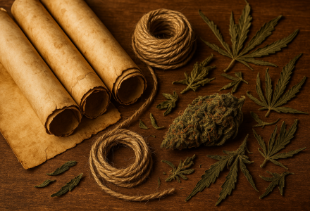 Ancient scrolls and hemp ropes beside dried cannabis leaves