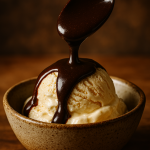 Drizzling dark cannabis-infused chocolate sauce over a scoop of vanilla ice cream