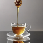 Golden cannabis-infused honey dripping from a wooden honey dipper into a teacup