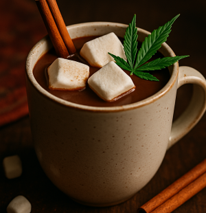 A luxurious mug of cannabis hot chocolate topped with marshmallows and cinnamon