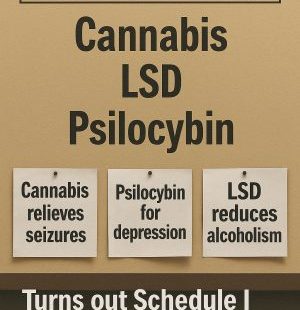 Poster showing cannabis, LSD, and psilocybin under “No Medical Value” despite modern research, highlighting contradictions in Schedule I drug classification