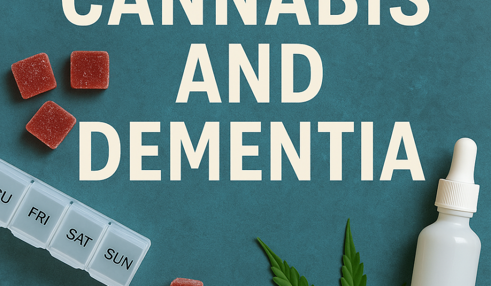 Flat-lay cover image for blog on cannabis and dementia with pill organizer, gummies, and cannabis leaves