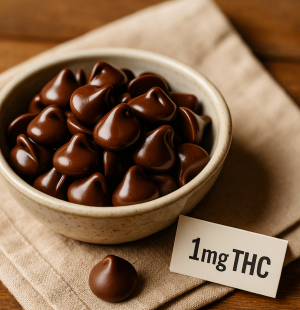 Dish of cannabis-infused chocolate morsels for microdosing