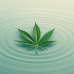 Minimalist cannabis leaf gently floating in a rippled pool of water