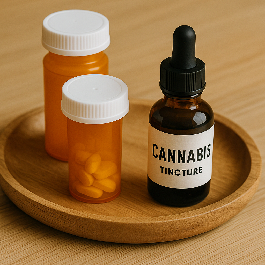 Pill bottles beside cannabis tincture on a wooden tray