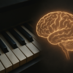 Moody black piano keys next to a glowing brain illustration