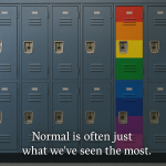 A wall of identical lockers with one painted brightly in rainbow colors