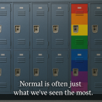 A wall of identical lockers with one painted brightly in rainbow colors