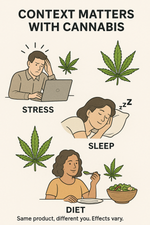 Illustration showing different contexts of cannabis use (stress, sleep, diet)