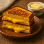 Golden grilled cheese sandwich made with cannabis butter, sliced and stacked