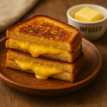 Golden grilled cheese sandwich made with cannabis butter, sliced and stacked