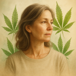 Woman in midlife looking out contemplatively, with symbolic cannabis leaves around her