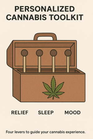Visual metaphor of a toolbox labeled with cannabis effects