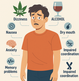 Illustrated diagram showing the body effects of combining THC and alcohol • Title: Full Body Effects of Weed and Alcohol